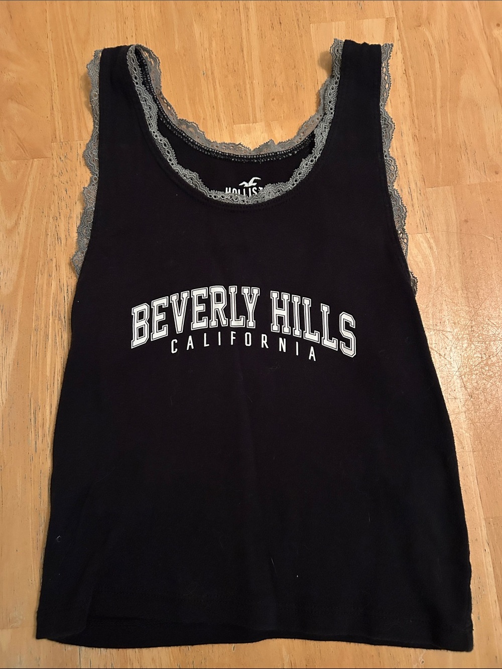 Hollister Black Tank Top with Gray Lace Trim and Beverly Hills Graphic